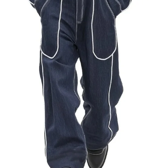 Men's Denim Jumpsuit with White Stitching - Picture 2 of 9